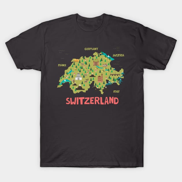Switzerland Ilustrated Map T-Shirt by JunkyDotCom